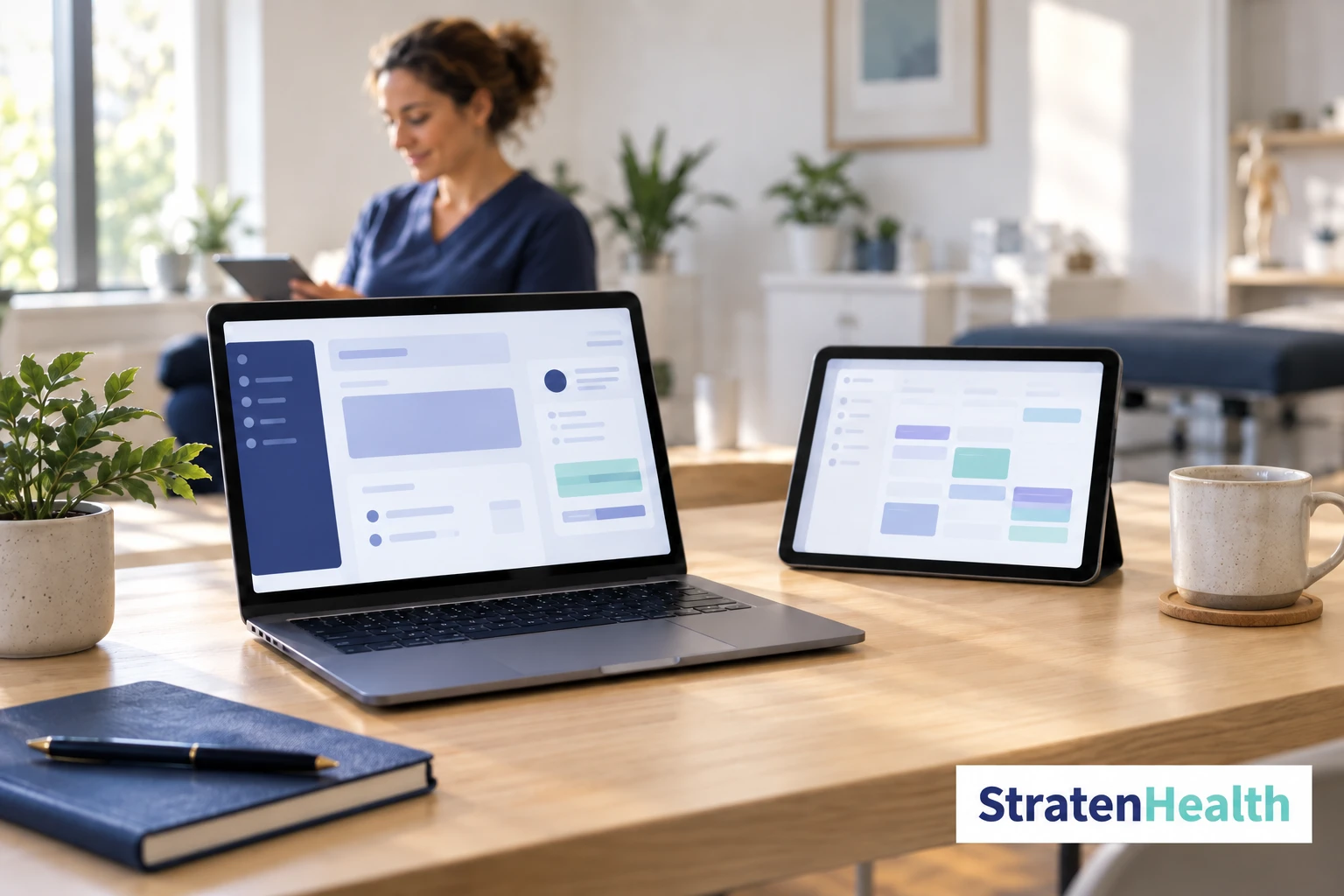 A laptop and tablet on a clinic desk showing simple practice management screens.