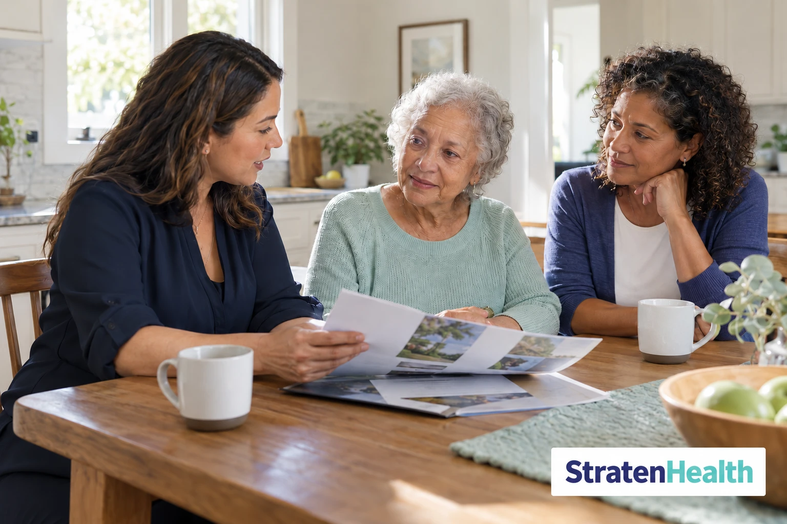 A home care adviser reviews a care schedule with a client and her daughter at home.