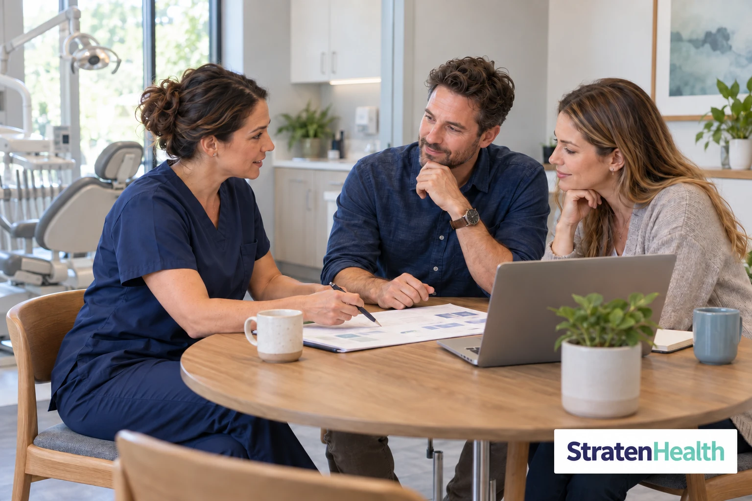 A clinician walks a couple through education materials in the practice.